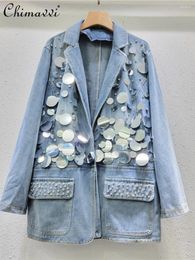 Women's Jackets Heavy Sequins Denim Jacket For Women 2024 Spring Korean Fashion Long Sleeve Loose Top Streetwear Suit Collar Coat