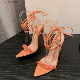 Dress Shoes Liyke 2024 New Orange String Bead Women Sexy 11.5CM Sandals Fashion Ankle Cross Strap High Heels Summer Party Pumps H240403