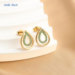 Stud Earrings SUNSLL Green Cubic Zircon Water Droplet Shaped Classic Gold Plated Hollow Party Jewelry Gifts For Women Girls