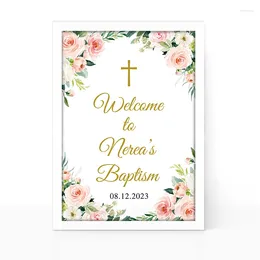 Party Decoration Personalized Floral Baptism Welcome Sign Blush Pink/Gold Poster White Wood Po Frame Birthday Shower Decor