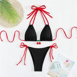 Sexy Weave Cherry Micro Thong Swimsuits Women String Halter Triangle Bikinis Set Mujer Lace-up Swimwear Bathing Suit Biquinis 240322