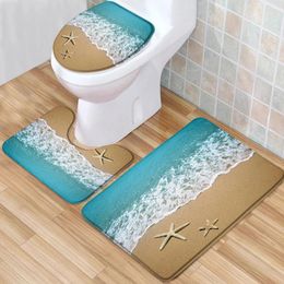 Bath Mats Beach Mat Set Seaside Palm Trees Ocean Starfish Shell Waves Scenery Low Pile Flannel Rug Toilet Cover U-Shaped Carpet