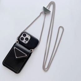 Metal Triangle Logo Lanyard Crossbody Phone Case For Iphone 13 12 14 Pro Max 12Pro 13Pro 14Pro Card Pocket Lens Protection Cover