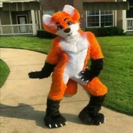 2024 Fox Mascot Costume Orange Long Fur Husky Fursuit Cartoon Outfit Carnival Halloween Xmas Easter Ad Clothe