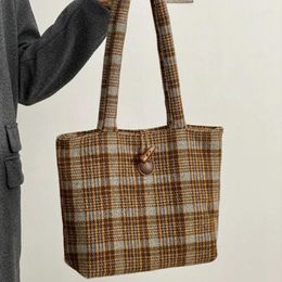 Drawstring Winter Maillard Imitation Woolen Shoulder Bag Literature Art Retro Plaid Handbag Fashion Design Bull Horn Button