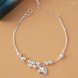 Charm Bracelets 925 Silver Plated Link Chain Tassel Love Heart Bracelet &Bangle For Women Girls Jewelry SL015