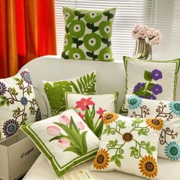 Pillow Green Plants Flowers Cover 45x45cm Cotton Embroidered Homestay Living Room Garden Decorative Pillows