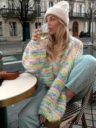 Rainbow Stripe Printed Knitted Cardigan Sweater Women Cropped Crochet Lantern Sleeve Sweater Lady Streetwear Cardigans 240320