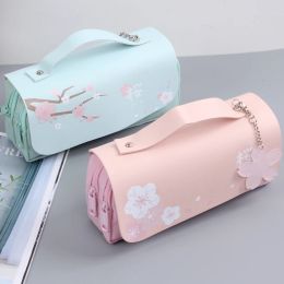 Bags Sakura Pencil Bag PU Leather Pen Case Kawaii Stationery Ruler Pouch for School Girl Sweet Pens Holder Gift Box Flowers Storage