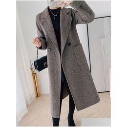 Womens Wool Blends Women Woollen Coat Elegant Turn Down Collar Long Dark Grey Design Winter Warm Casaco Feminino 201102 Drop Delivery A Dh15N