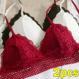 Lace Triangle Cup Padded Bra Women Embroidery Hollow Underwear Sexy Floral Deep V Brassiere Seamless Push Up Bralette Lingerie 240326