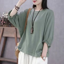 Summer Bat Sleeve Shirt Women Loose Casual Hem Waist Short Blouse Solid Crop Tops Half Oversized Trend Tshirt B09 240403