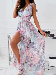 Summer Fashion Slim V-Neck Tie-Up Backless Chiffon Dress Sexy Sleeveless Slit Maxi Cover-Ups Robe Women Floral Print Beach Dress 240322