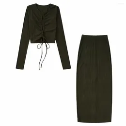 Work Dresses Spring Autumn Solid Two-Piece Suit O-Neck Pleated Pullover Shirt Slim Half-Body Skirt Set Drawstring Hollow Out Top Slit Dress