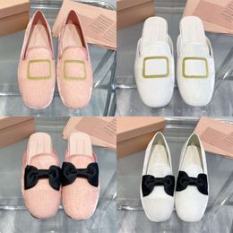 With Box Women Mules Bowtie Flats Dress Shoes Slingbacks Slippers Woman Silk Satin Shoes 551