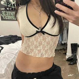 Women's Tanks Camis PixieKiki Y2k Baby Ts Women Transparent White Lace Dp V Short Slve Crop Tops Soft Girls Coquette Aesthetic Shirts P84-BA10 Y240403