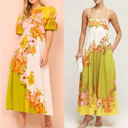 Women Dresses Bohemia Style High Quality New Summer Floral Print Short Sleeve Midi Dress Pink Yellow White Contrasting Dating Dresses Ladies FZ2404035