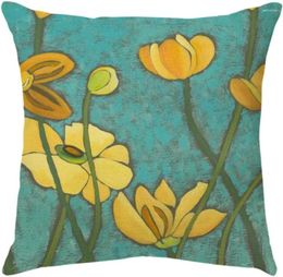 Pillow Flower And Leaf Green Cover Yellow Flowers Print Decorative Home Linen Seat Decoration Sofa Bed