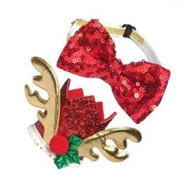 Dog Apparel 2pcs Christmas Pet Antlers Hat Sequins Headdress Party Tie Necktie Supplies For Cat Puppy (Tie And Hat)
