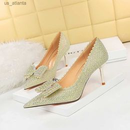 Dress Shoes Designer New Women Pumps Sexy Party Butterfly-knot Pointed Toe Sequined Cloth 9.5CM Thin Heels sweet H240403ACGB