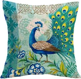 Pillow Retro Style Peacock Cover Green Leaf Linen Square Home Decoration Pillowcase Sofa Bedroom