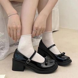 Dress Shoes Round Toe Mid Heel Women 2024 Spring Black Patent Leather Mary Jane Japanese Lolita Women's Pumps Zapatos Mujer