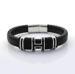 12MM Wide Braided Retro Genuine Leather Bracelet For Men Stainless steel H Bead Bracelets with Magnet Clasp3814393