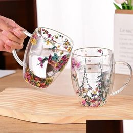 Wine Glasses Fillings Dry Flowers Double Wall Glass Cup With Handle Heat Resistant Tea Coffee Cups Espresso Milk Mug Creative Gift D Dhced