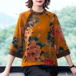 Ethnic Clothing 2024 Traditional Chinese Vintage Blouse National Flower Print Satin Oriental Hanfu Tops Improved O-neck Tang Suit