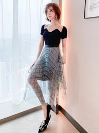 Work Dresses Over The Knee Half Skirt Women's Dress With Gold Grid Printed Elastic High Waist Pleated Mesh 2024 Spring