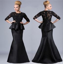 Mother Of The Bride Dresses Mermaid Jewel Neck 34 Sleeves Lace Appliques Beaded Peplum Plus Size Party Dress Black Evening Gowns8386949