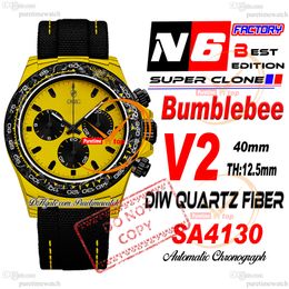 DIW Bumblebee Quartz Carbon SA4130 Automatic Chronograph Mens Watch N6F V2 Yellow Black Dial Nylon Strap Super Edition Same Serial Card Puretime Reloj Hombre PTRX