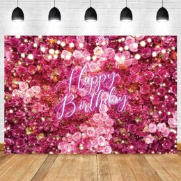 Happy Birthday Flower Wall Photography Backdrop Customized Glitter Pink Red Floral Wedding Bridal Baby Shower Photo Background