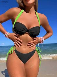 Women's Swimwear 2024 Sexy Black Patchwork Bikini Set Women Halter Push Up Underwire Micro Swimsuit Cut Out Bathing Suit Tie Side Thong Swimwear Y240402