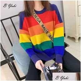 Womens Sweaters Blessyuki Oversized Knitted Rainbow Sweater Women Fashion Stripes Contrast Round Neck Plover Casual Loose Cute Jumper Dhuas