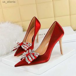 Dress Shoes BIGTREE Pumps Women Fashion Brand New Sexy Butterfly-knot Pointed Toe Flock 10.5CM Thin Heels Mature Party Wine Red H240403YJIN