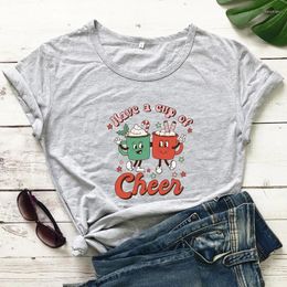 Women's T Shirts Colored Have A Cup Of Cheer Tshirt Retro Women Short Sleeve Christmas Coffee Top Tee Shirt