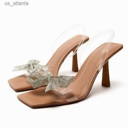Dress Shoes TRAF Rhinestone Bow High Heels 2024 Summer Transparent Sling Womens New Pointed Open Toe Sandals Pump H2404038YQI