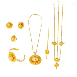 Necklace Earrings Set Habesha 6pcs/lot Ethiopian Dubai Gold Ball Hairpin Head Chain Ring For Women Eritrea Africa Wedding Gifts