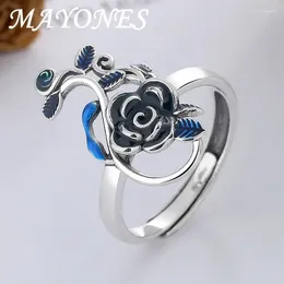 Cluster Rings 925 Sterling Silver Enamel Blue Rose Finger Ring Jewellery Vintage Creative Flower Adjustable Open For Women JZ144