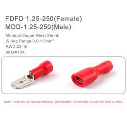 50PCS FDD/MDD 6.3mm Terminal Red Blue Yellow Female Male Spade Insulated Electrical Crimp Terminal Connectors Wiring Cable Plug