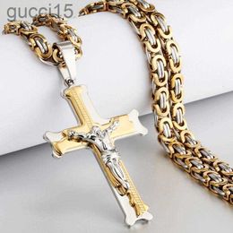 Pendant Necklaces Gold Color Fish Bone Pattern Cross Necklace Men Stainless Steel Crucifix Jesus Link Chain Catholic Jewelry Giftpendant V1T6