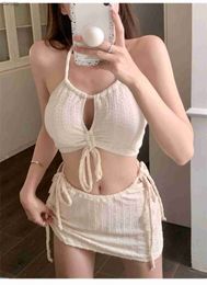 Women's Swimwear Fashion Sexy Ribbed Halter Bikinis Set Thr Pieces Sets Drawstring Tie Swimsuit with Mini Skirt Swimwear Beach Wear Y240402