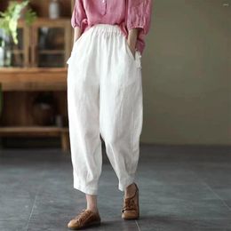Women's Pants Disc Buckle Flax Summer Cargo Women Plus Size Elastic Waist Slimming Haren Stitching Female Streetwear