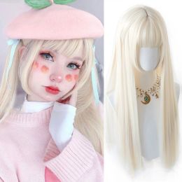 Wigs HOUYAN Synthetic pink gold long straight hair wig female cosplay Lolita bangs wig party wig