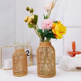 Vases Handmade Straw Woven Flower Vase Anti-broken Glass Flowers Japanese Style Creative Plant Pot Scene Layout Prop Table Decor