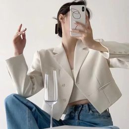 Elegant Short Suit Women Korean Long Sleeve White Singlebreascted Cropped Blazers Fashion Classic Basic Office Lady Jacket 240322