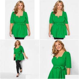 Womens Plus Size T-Shirt Tops Notch Neck Summer Spring Elegant Peplum Top Women Belt Waist 3/4 Length Puff Sleeve Formal Work Office F Dhaxd