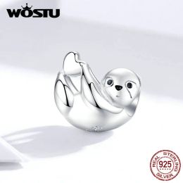 WOSTU 100% 925 Sterling Silver Lazy Sloth Beads Animal Charms Fit Original Bracelet Pendant For Women Jewellery Making CTC109