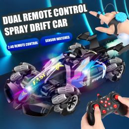 ZWN F1 RC Drift Car With Music Led Lights 2.4G Radio Double Remote Control Spray Stunt Cars 4WD Electric Toys for Children